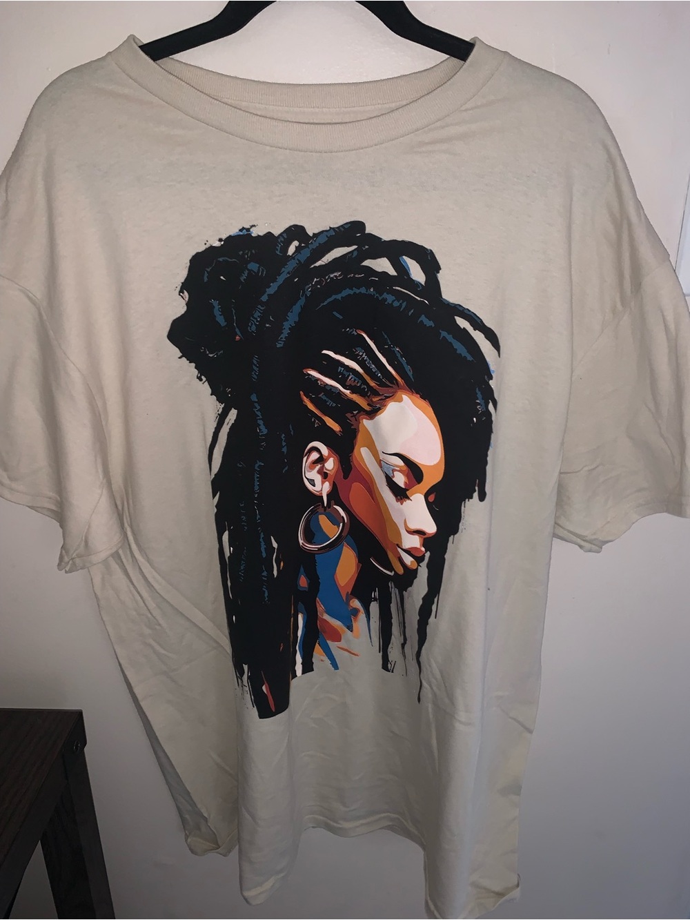 Fashion Nova Ivory Tee with Bold Multi-Color Portrait